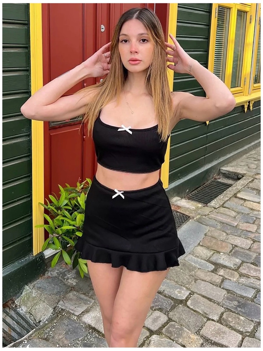 Black Ruffle ribbed Mini Skirt set with Bow Accent | coquette set